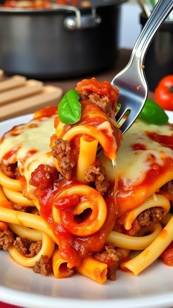 A baked ziti casserole with ground beef, marinara sauce, and melted cheese, garnished with basil, served in a rustic kitchen.
